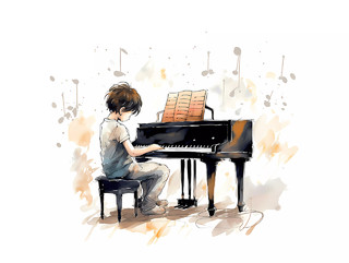 艺术教育钢琴培训班招生卡通人物女孩弹钢琴场景